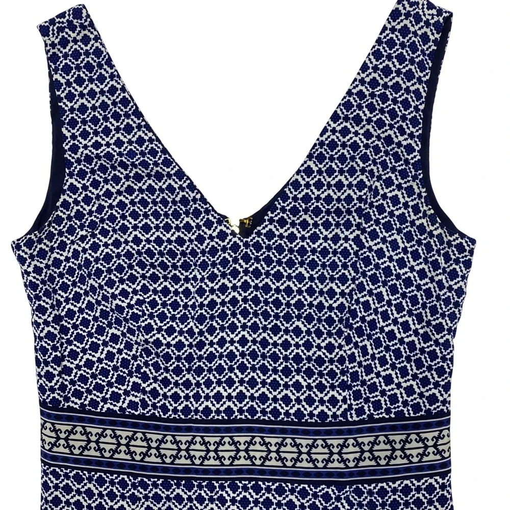 Tory Burch Navy‎ Blue White Geometric Tile V-Neck Sleeveless Shift Dress Size 8